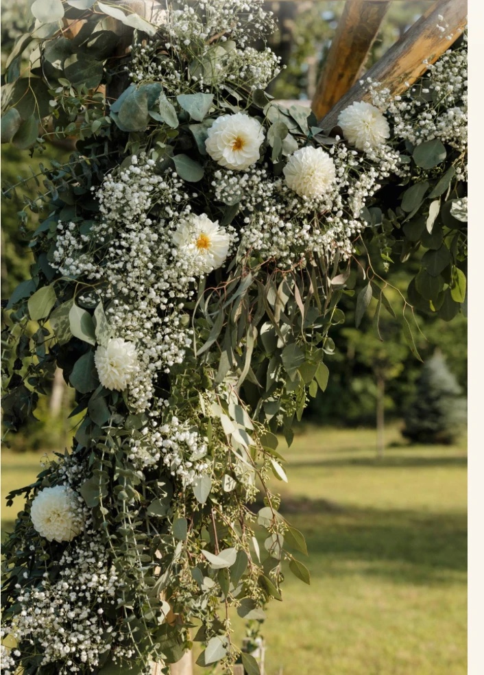The ceremony arch draped in eucalyptus, baby's breath, and white dahlias