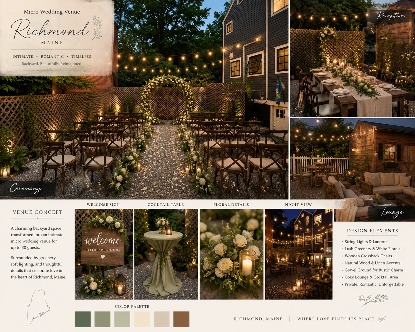 Venue concept board for The Wedding House: a candlelit backyard ceremony with a floral arch and crossback chairs, a reception table under string lights, a cozy lounge, and a sage, cream, and warm-brown palette